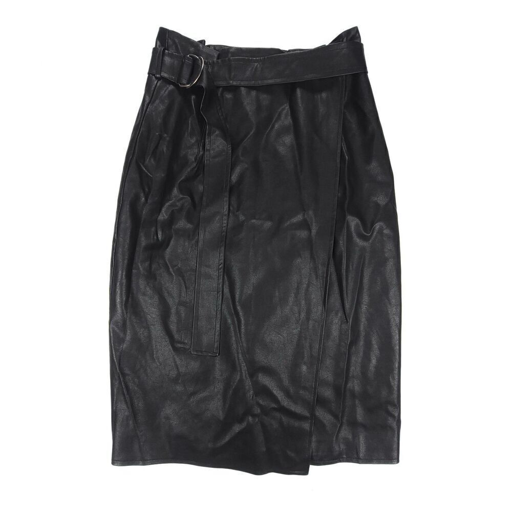 NWT Gracia Vegan Faux Leather High Rise Belted Midi Real Wrap Skirt Small Black